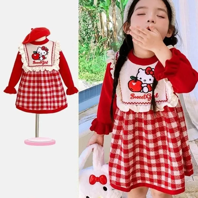 Hot Girl Knitting Dress Sanrio Hello Kitty Kuromi Kawaii Winter Clothes Skirt Keep Out The Cold Cartoon Gift Fashion New Style