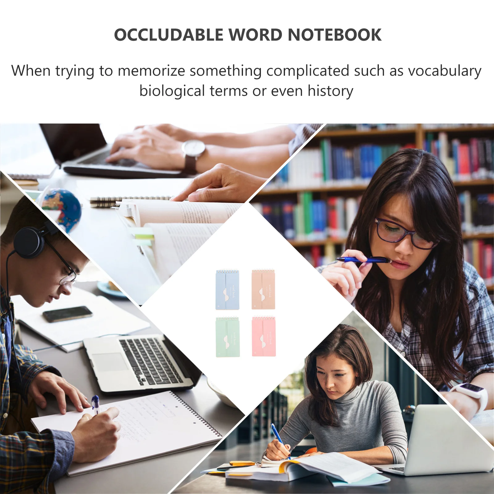 Portátil bloqueado Vocabulário Memo Cartões Notebooks, Mini Anel Notepads, Estudante de Papel, Escritório, 4 pcs