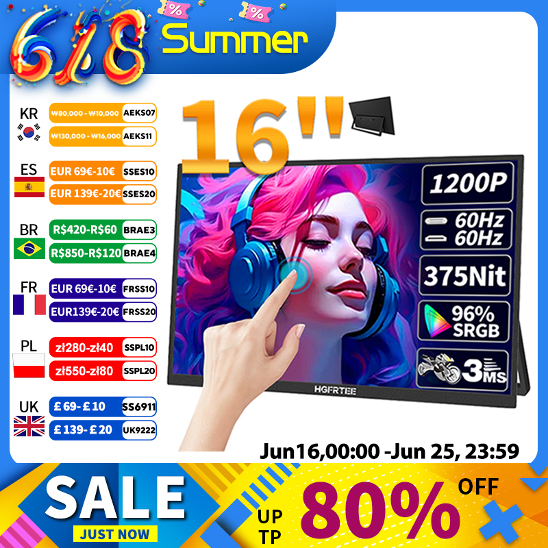HGFRTEE 16inch Touch Portable Monitor 16:10 96%sRGB 350Cd/m² Second Screen For Laptop With Holder Stand Type-C HDMI-Compatible