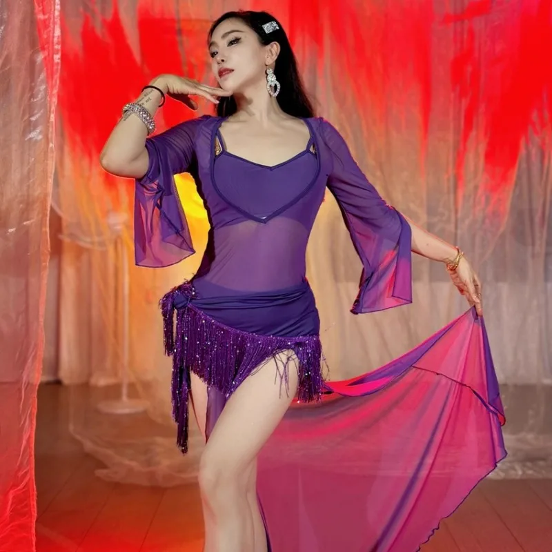 

Customized Swegal Belly Dance Practice Clothing Oriental Dance Costume Product Robe with Sequin Tassel Hip Scarf 4-piece Set