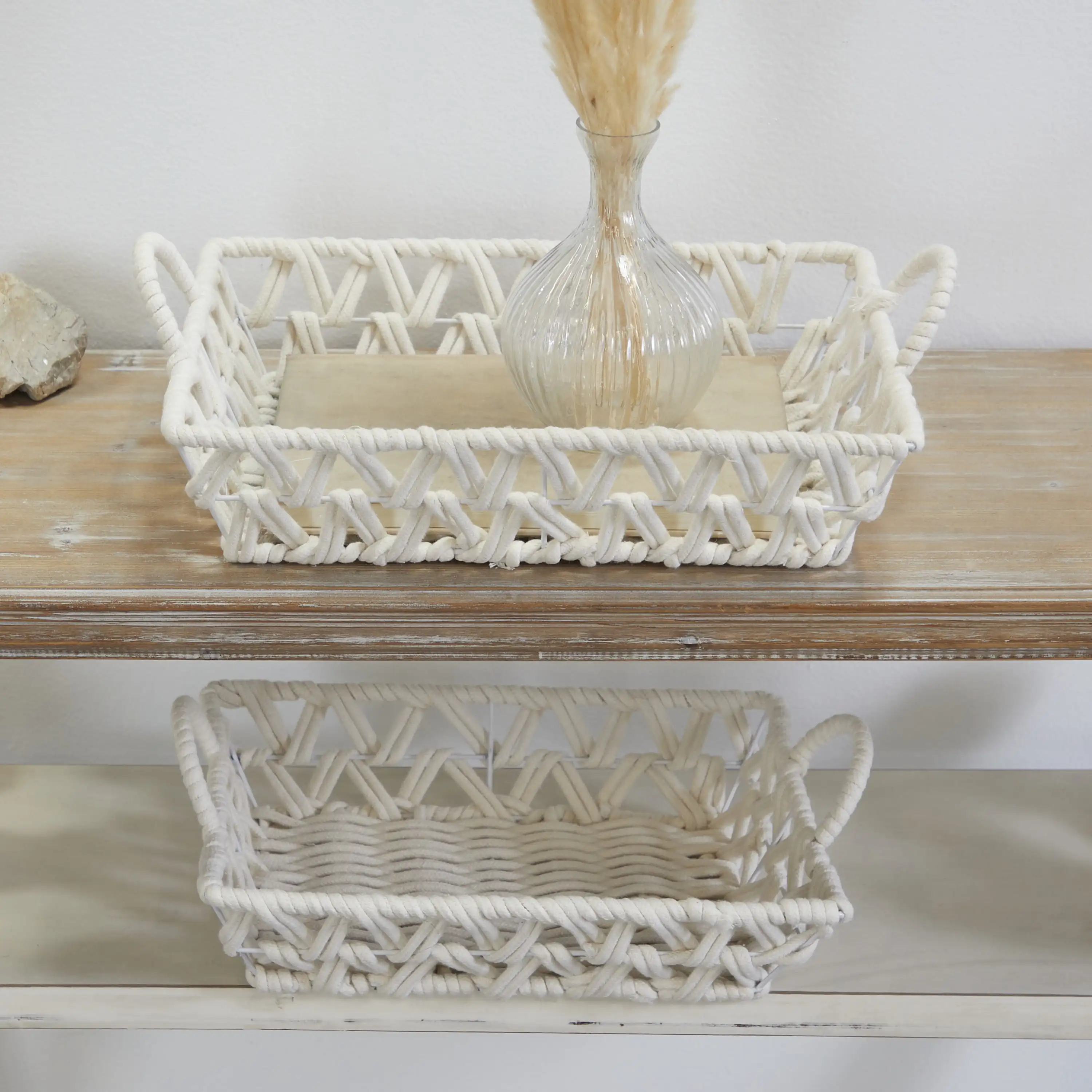 19, 18W White Cotton Handmade Woven Storage Basket with Handles, 2-Pieces