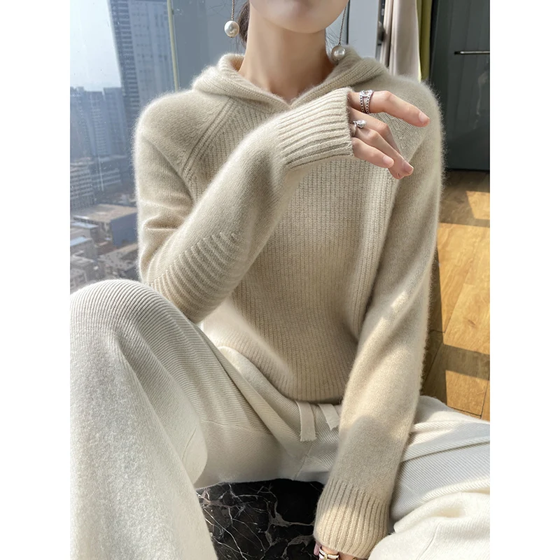 

Autumn and Winter New Pure Cashmere Hoodie Women's Solid Color Knitted Sweater Loose Woolen Sweater Hoodie Casual Sweater