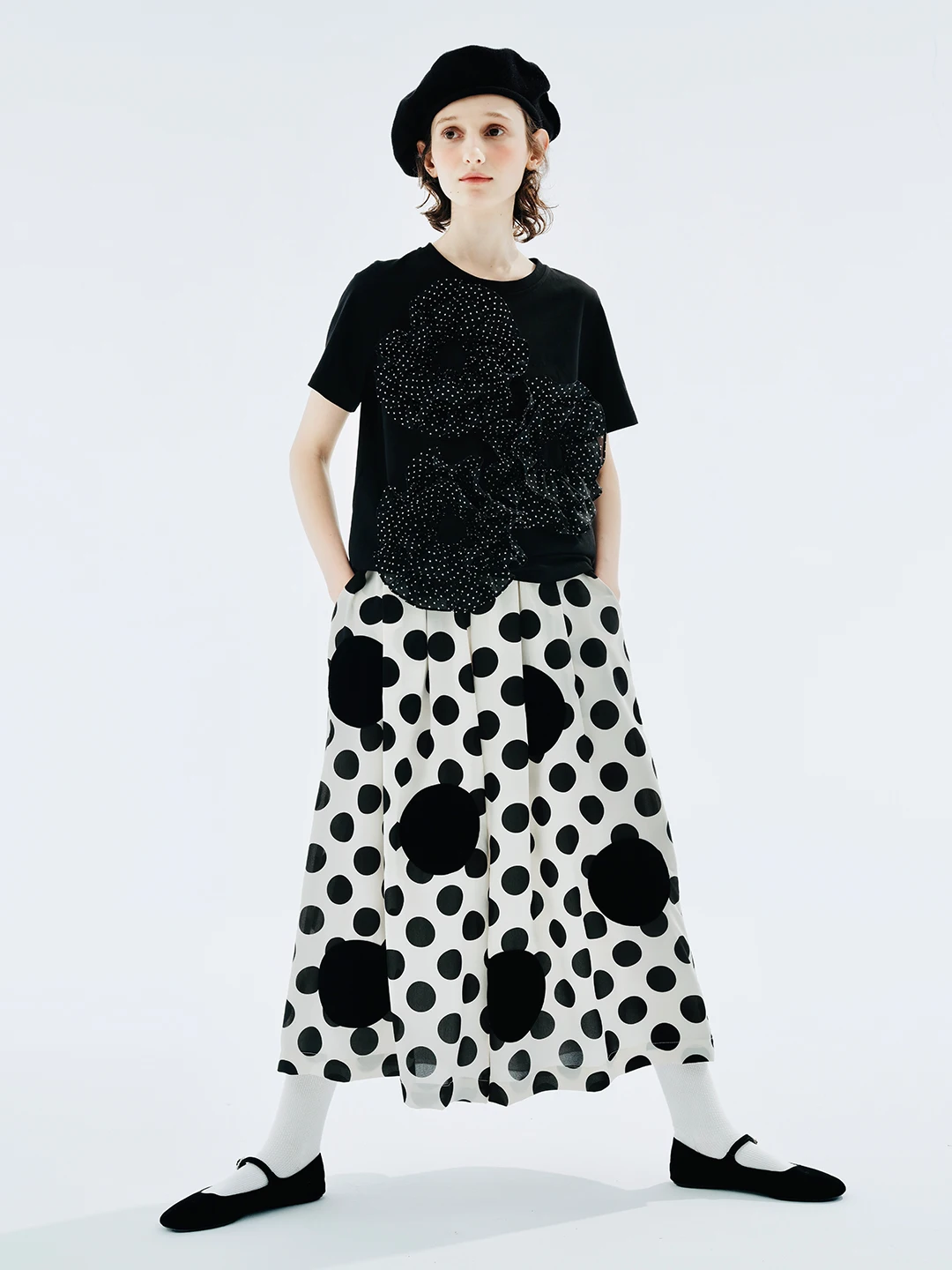 imakokoni original design black short-sleeved lace stitching polka dot T-shirt summer 234175