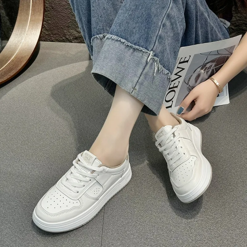 Women's Single Shoes Summer New Flat Round Head Shallow Lace-up Sports Shoes Casual Comfort Increase Non-slip Small White Shoes