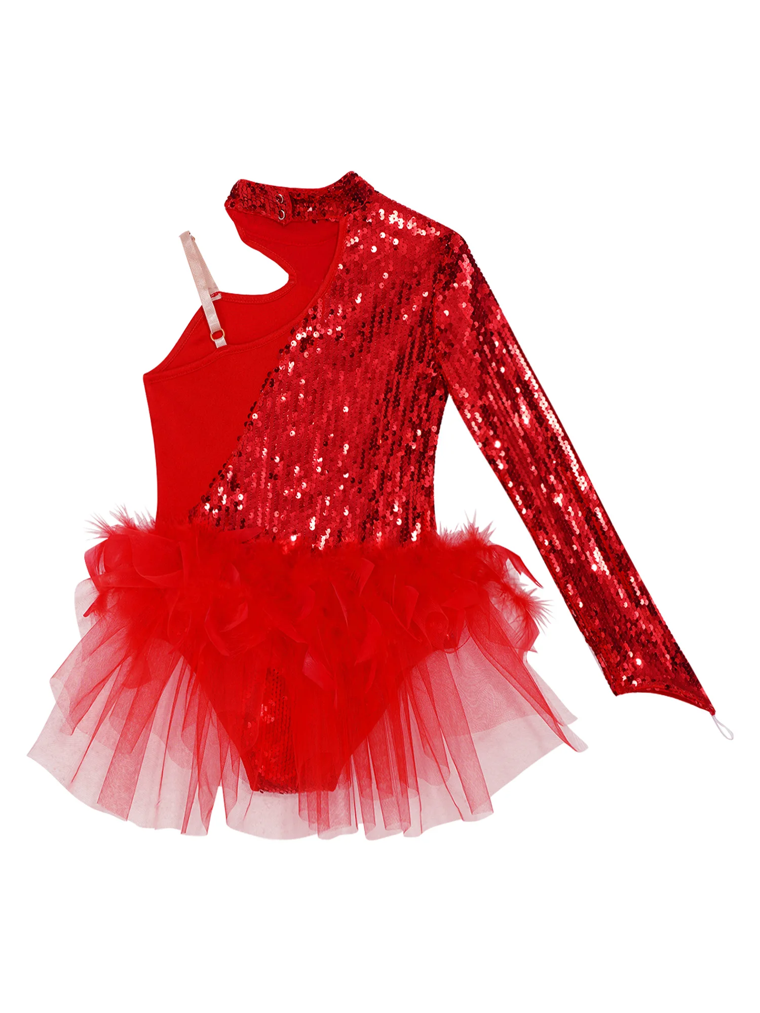 Kids Girls Shiny Sequin Moden Latin jazz Leotard Dress One Shoulder Long Sleeves Tulle Skirted Bodysuit Ballet Dance Costume