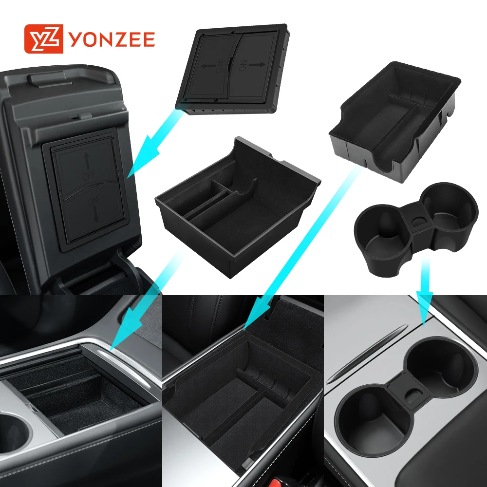YZ For Tesla Model 3 Medel Y Storage Box Center Armrest Hidden Box Cup Holder Organizer 2023 2022 Car Accessories