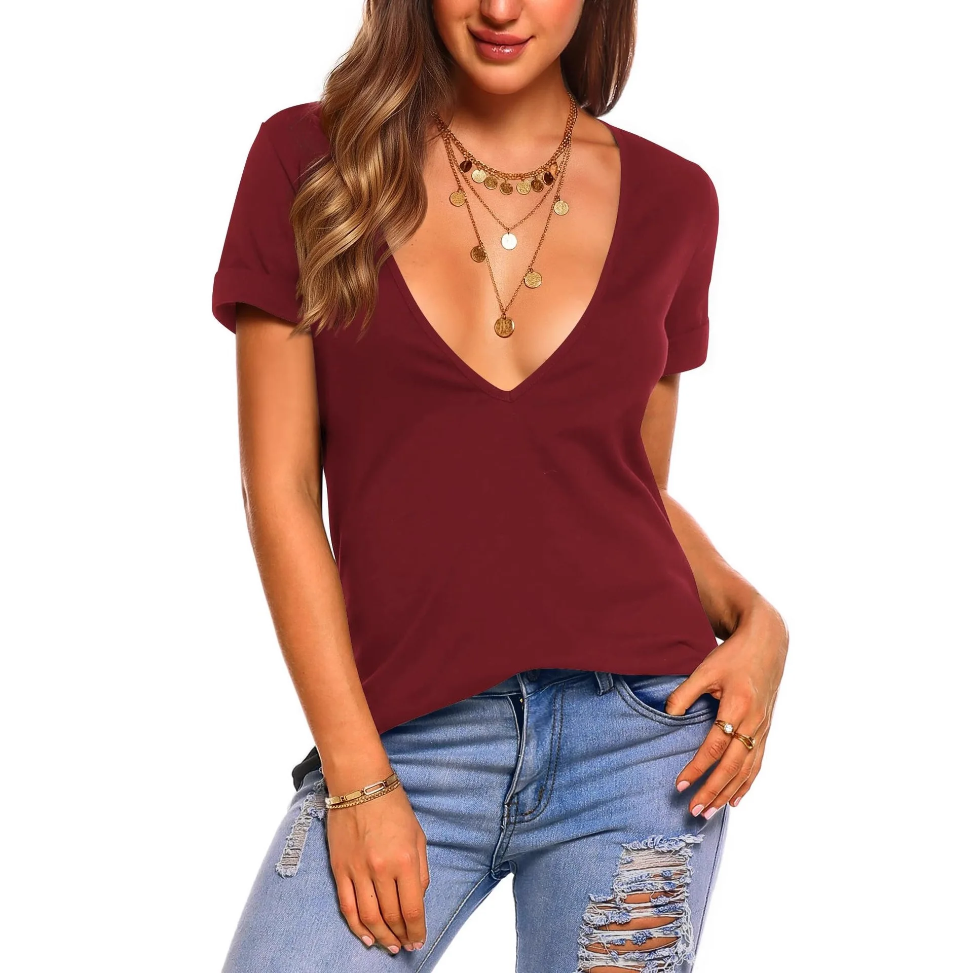 

2026 Spring and Summer New Sexy Solid Color Knitted Deep V-neck Short-sleeved T-shirt