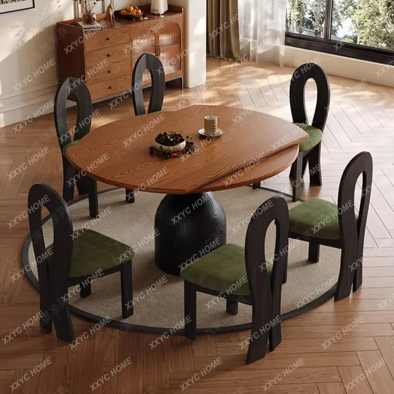 XXMedieval ash wood grain solid wood retractable dining table variable round table small apartment folding dual-purpos