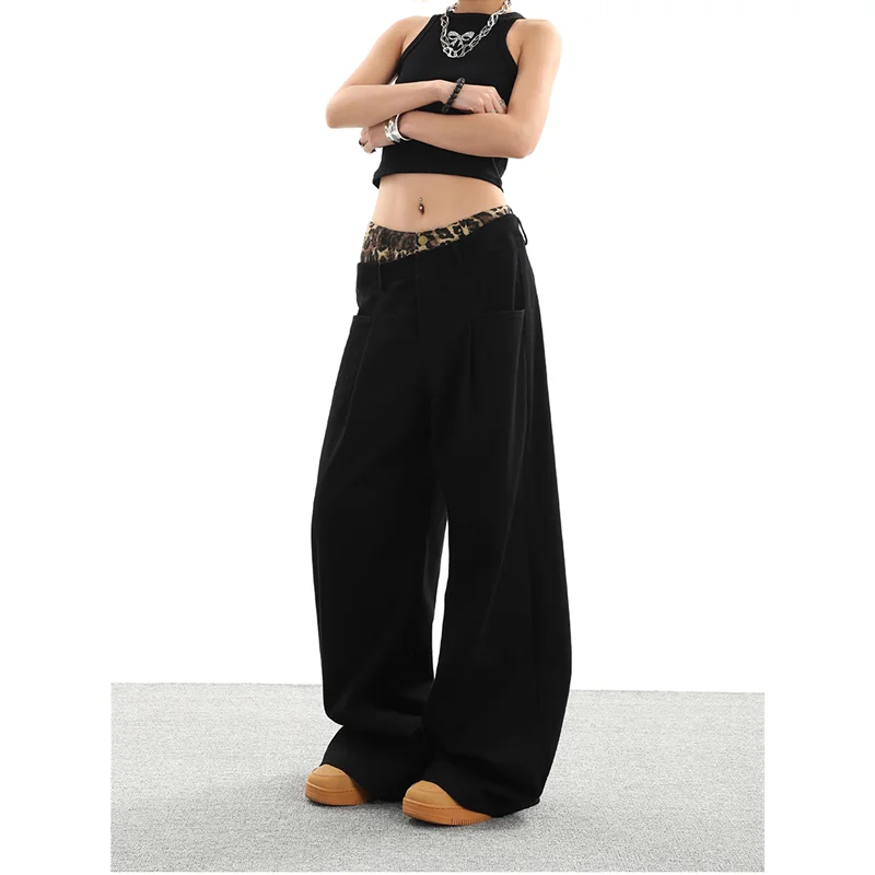 

Women's Jeans Black High Waist Leopard Pattern Splicing Street Baggy Wide Leg Pants Hip Hop Vintage Straight Y2K Summer Trousers