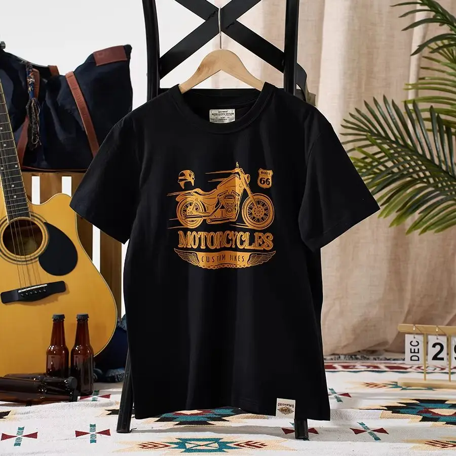American Retro Motorcycle Print T-Shirt Round Neck Pure Cotton Ami Khaki Motorcycle Style