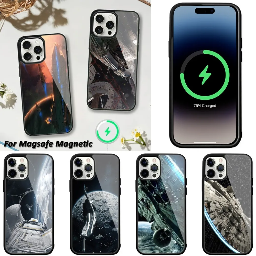 Spaceship Phone Case For iPhone 16,15,14,13,12,11,Plus,Pro,Max,Mini Magsafe Magnetic Wireless Charging