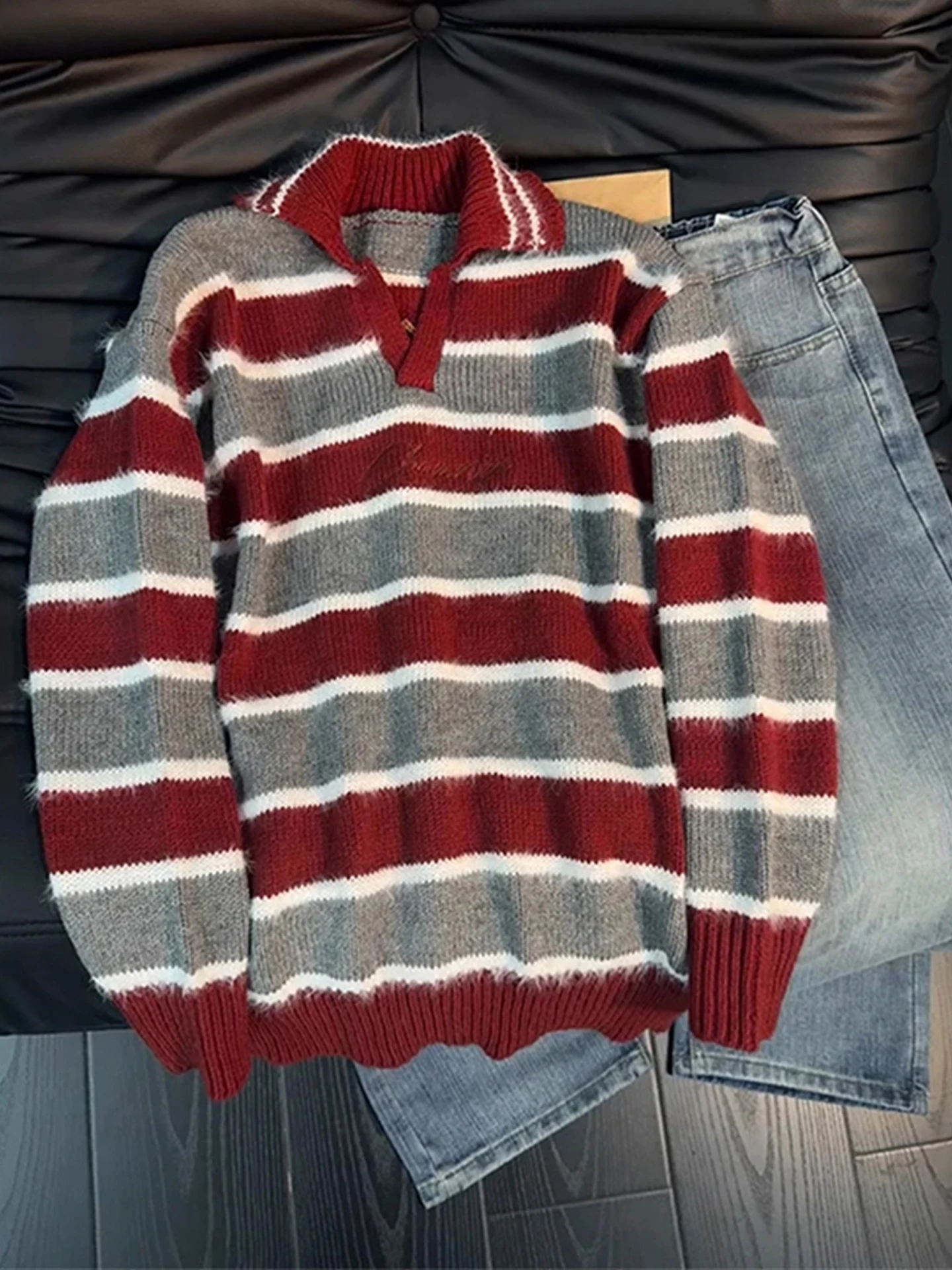

American Stripe Color Blo Ne Sweater Men Women Autumn Winter Loose Lazy Thi Warm Base Knitted irt Casual Sle P...