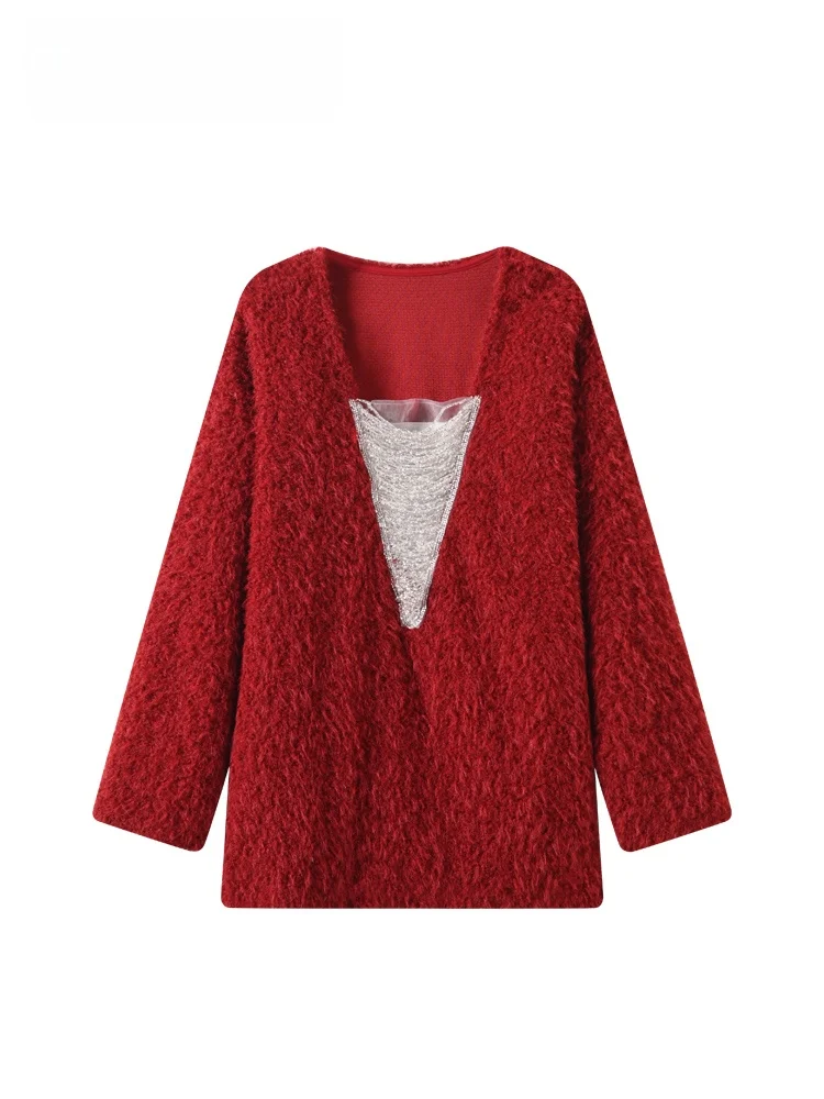 

CaraCLUB длинный свитер размера плюс, женский осенне-зимний новый красный топ Sle Lazy Sle для полной сестры V-Ne средней длины