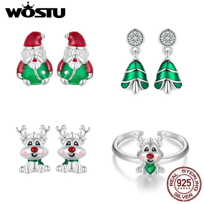 WOSTU 925 Sterling Silver Merry Xmas Gift Christmas Reindeer Stud Earrings Green Tree Drop Earring Luminous Santa Claus Studs