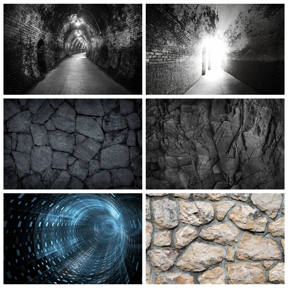 Laeacco Vintage Dark Stone Brick Wall Cave Corridor 3D Pattern Interior Photographic Background Photo Backdrop For Photo Studio