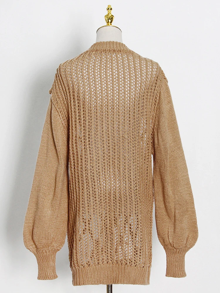 TWOTWINSTYLE Solid Casual Sweaters For Women V Neck Lantern Sleeve Hollow Out Loose Minimalist Pullover Sweater Female Fashion