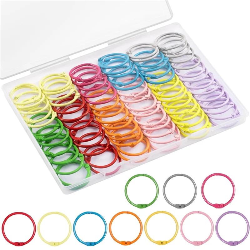 A19E-100PCS Binder Rings With 1 Clear Organizer Box - 1 1/5 Inch Colorful Metallic Loose Leaf Paper Rings