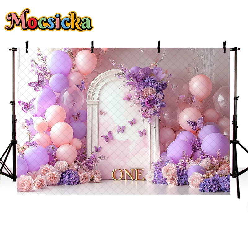 Mocsicka Photography Background Purple Balloons Butterfly Wonderland Girl Birthday Party Cake Smash Decor Photo Backdrop Studio