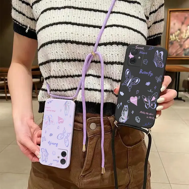G 54 Purple Butterfly Lanyard Silicone Phone Case dla Motorola Moto G54 G50 G42 G52 G20 G84 G100 G53 G72 G34 G22 G24 G14 Cover — zdjęcie 3