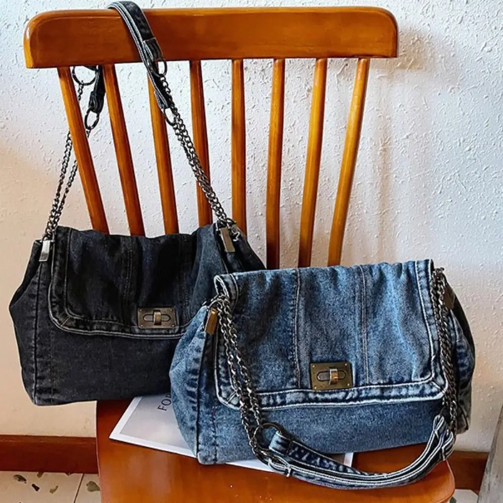 

Shoulder Bag Denim Canvas Bag Street Style Metal Chain Vintage Handbag Large Capacity Shopping Bag Solid Crossbody Bag