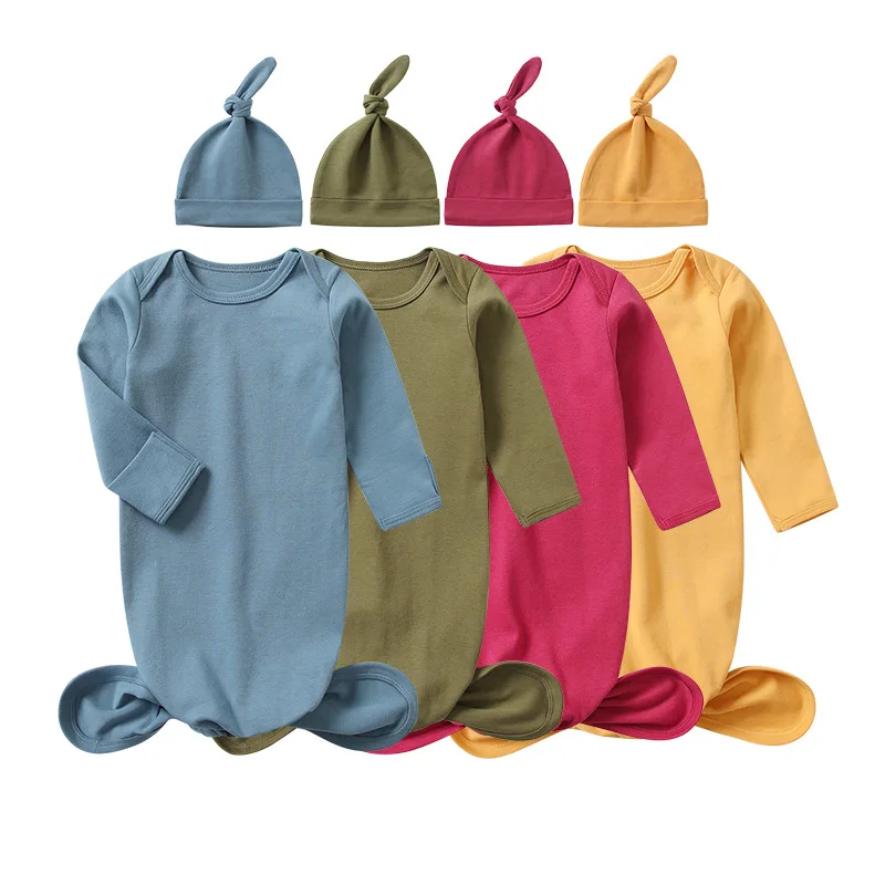 Baby Clothing Boys Girls Bodysuits 0 To 3 Months Knotted Gowns with Mitten Cuffs and Hat Cotton Outfits for Newborn Baby Clothes