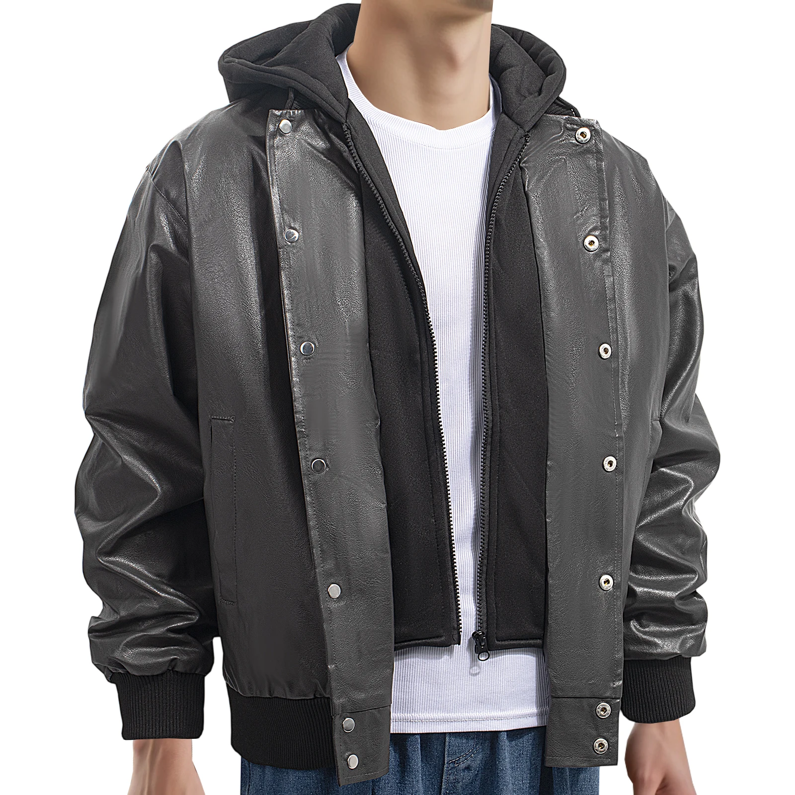 

Мужская куртка-бомбер из искусственной кожи с воротником-стойкой на молнии, уличная одежда унисекс, черная ветровка с капюшоном