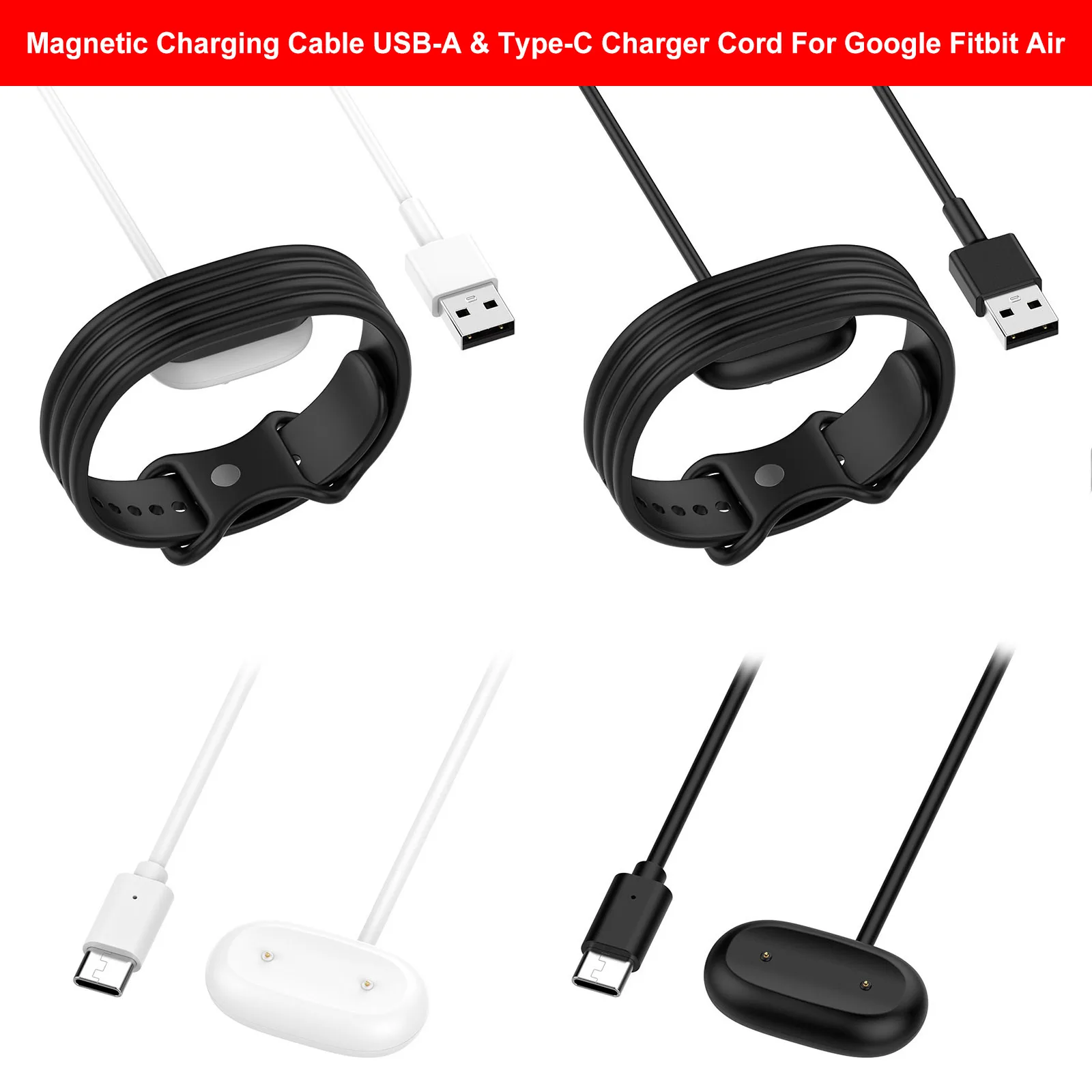 Travel Charging Dock for Fitbit Air Band Magnetic USB-A Type-C 1M ABS PVC Copper Core Fast Charge Cradle Smart Watch Accessory