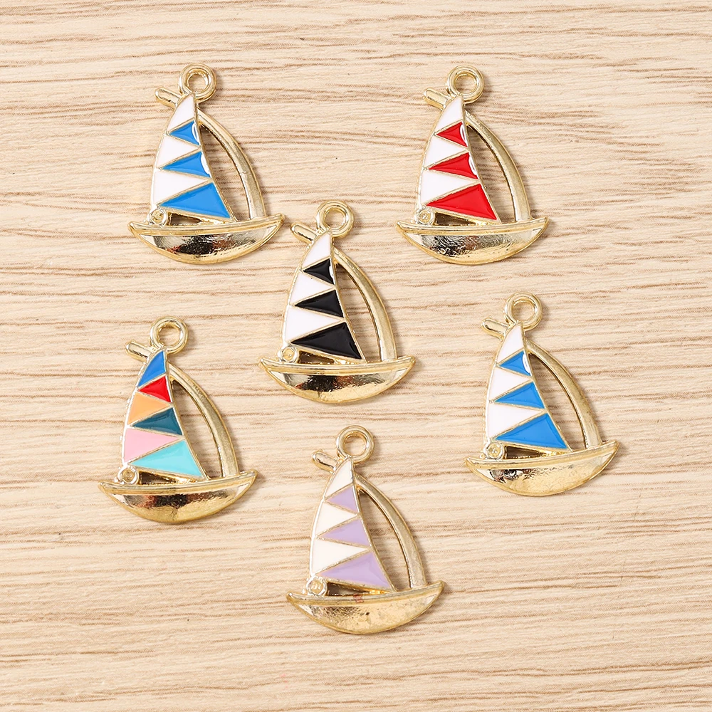 Tusember 10pcs 16*22mm Cute Enamel Summer Beach Sailboat Charms Pendants for Earrings Bracelet Necklace Vacation Jewelry Making