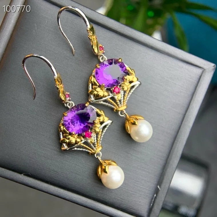 Natural Amethyst Earrings, 925 Silver Two-Tone Finish Vintage Handmade, Crystal Jewelry Gift for Women