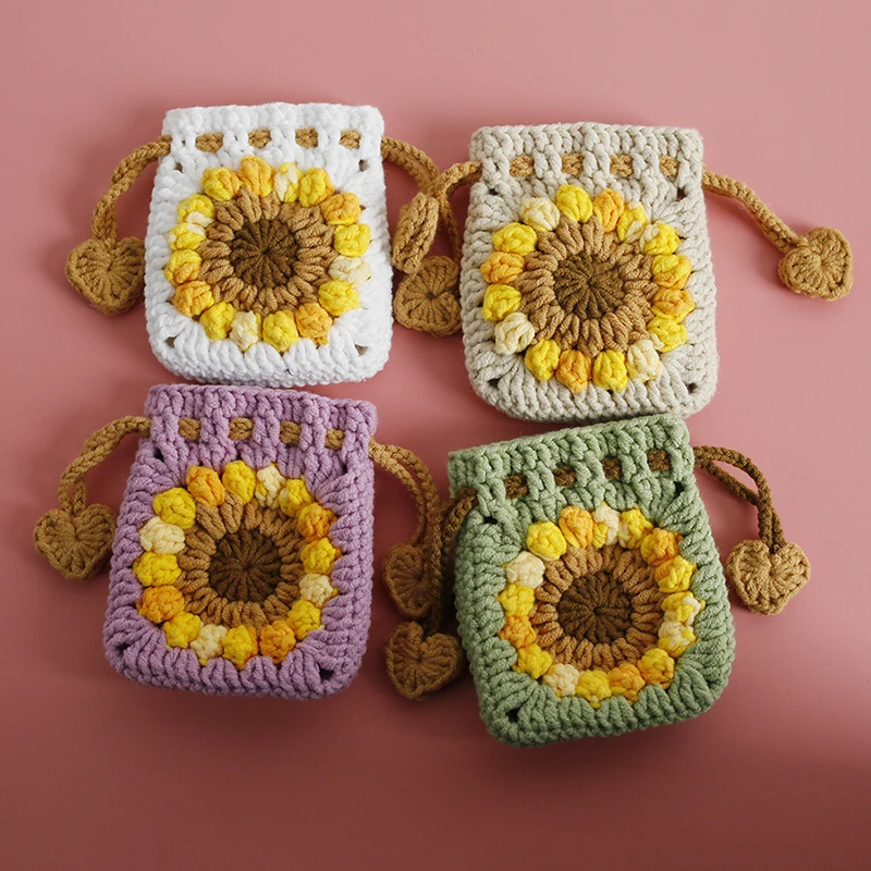 New Sunflower Crochet Coin Purse Knitted Mini Drawstring Bag Creative Ladies Bag Key Ring Suitable For Key Storage