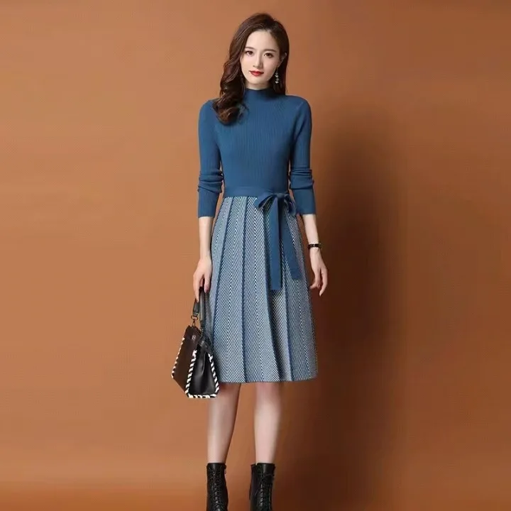 Pullovers Women Sweater 2025 Casual Slim mid-length over-the-knee Sweater Dresses With Belt Autumn women's Clothing
