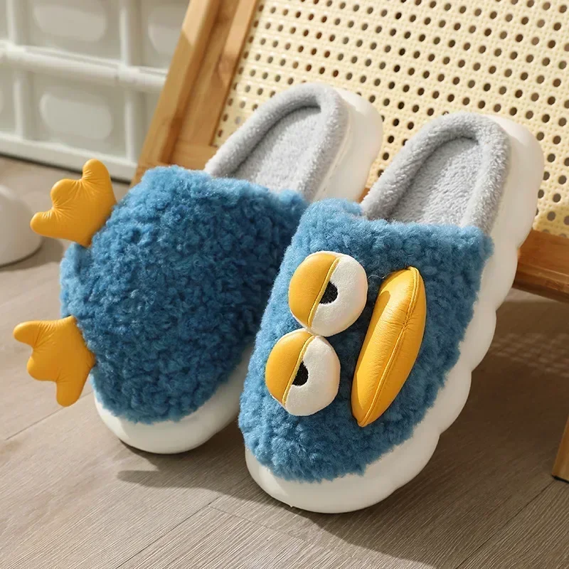 Winter Plush Duck Slippers Women Men Funny Warm Couple Shoes Soft Household Cartoon Indoor Antiskid 4cm Thick Sole Slippers