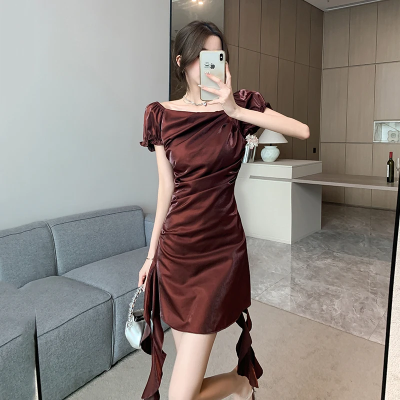 

Women's Summer Dress 2024 New Vintage Solid Short Puff Sleeve Asymmetrical Shirring Zipper Folds Dresses