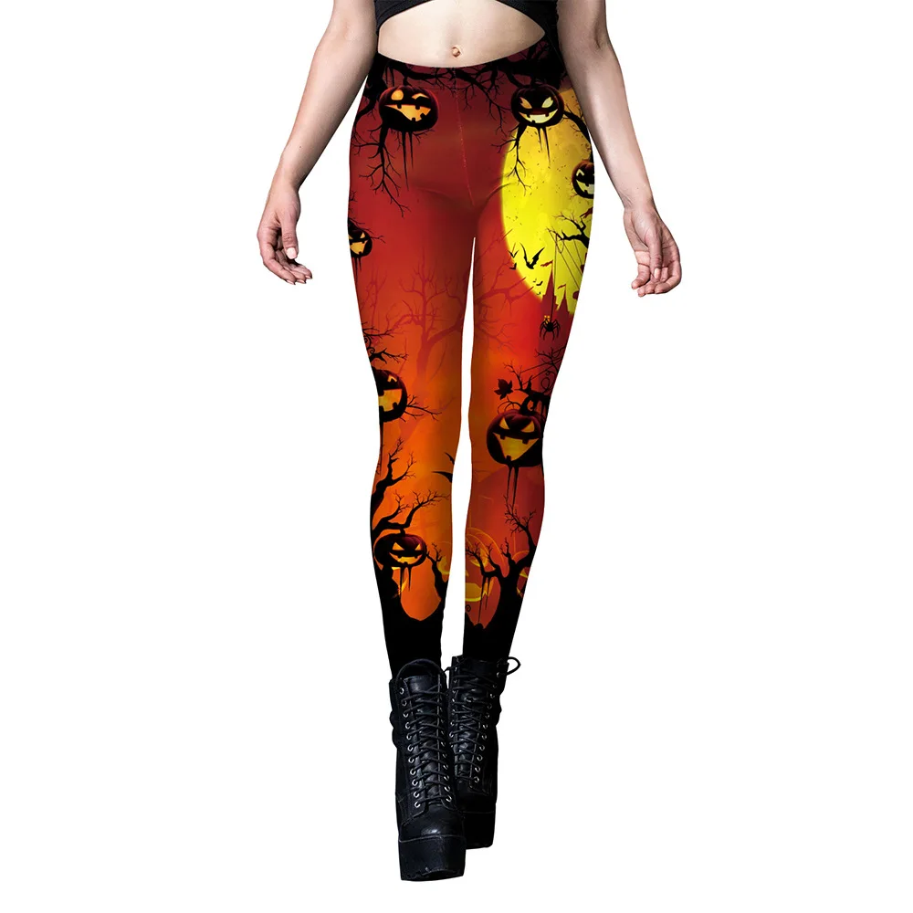 Halloween Pumpkin Skull 3D Print Pattern Sexy Stripe Workout Pants Leggings Punk Women Trouser Sexy Stretch Mid Waist Pants