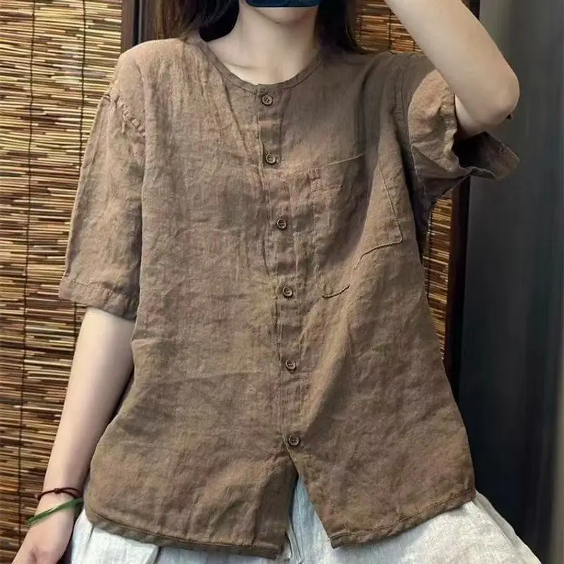 2026 Chiffon Cotton Linen round Neck T-shirt Women Summer New Vintage Art Loose Shirt Open Cardigan Top Short Shirt For Women