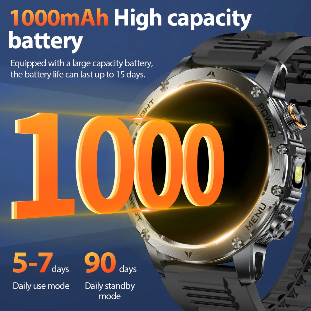 LIGE New Smart Watch Men 1000mAh Ultra Long Battery Life Outdoor Flashlight Bluetooth Call Waterproof Sport Fitness Smartwatch