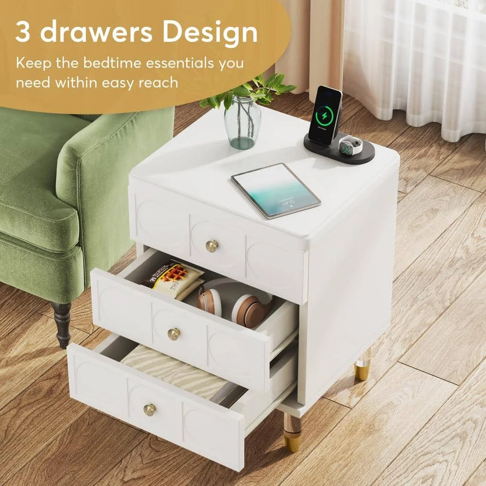 3-Drawer White and Gold Nightstand Modern Bedside Table for Bedroom livinroom