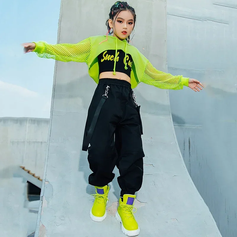 A Hip hop jazz costume girls clothing green tops net sleeve black hip hop pants for kids performance modern dancing clothes