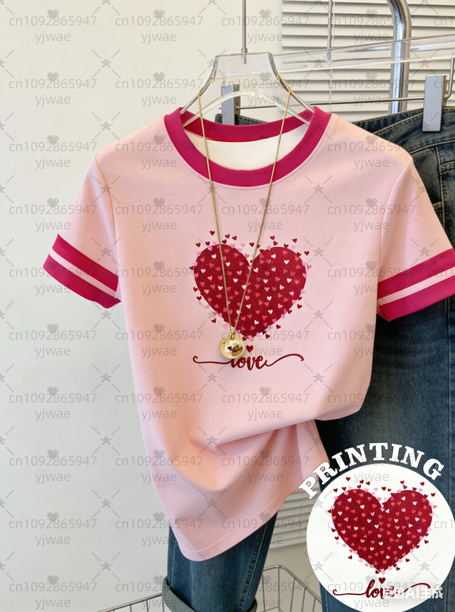26 Womens Short Sleeve Valentines Day LOVE Red Heart Print T-Shirt Girl Round Neck Tee Outdoor Sports Adult Women's T-Shirt