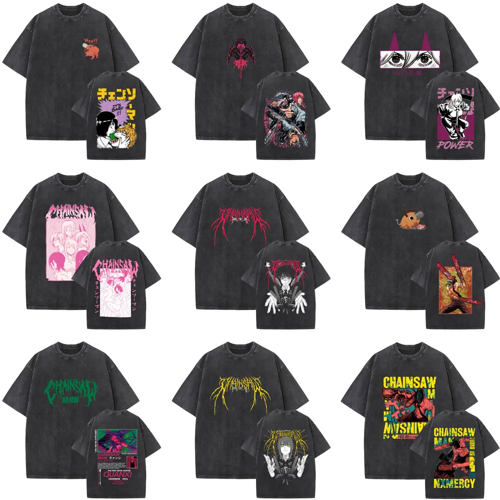 

Anime Chainsaw Man Washed Vintage T-shirt Men Women Manga High Quality Short Sleeve T Shirts Men's Fashion Oversized Streetwear