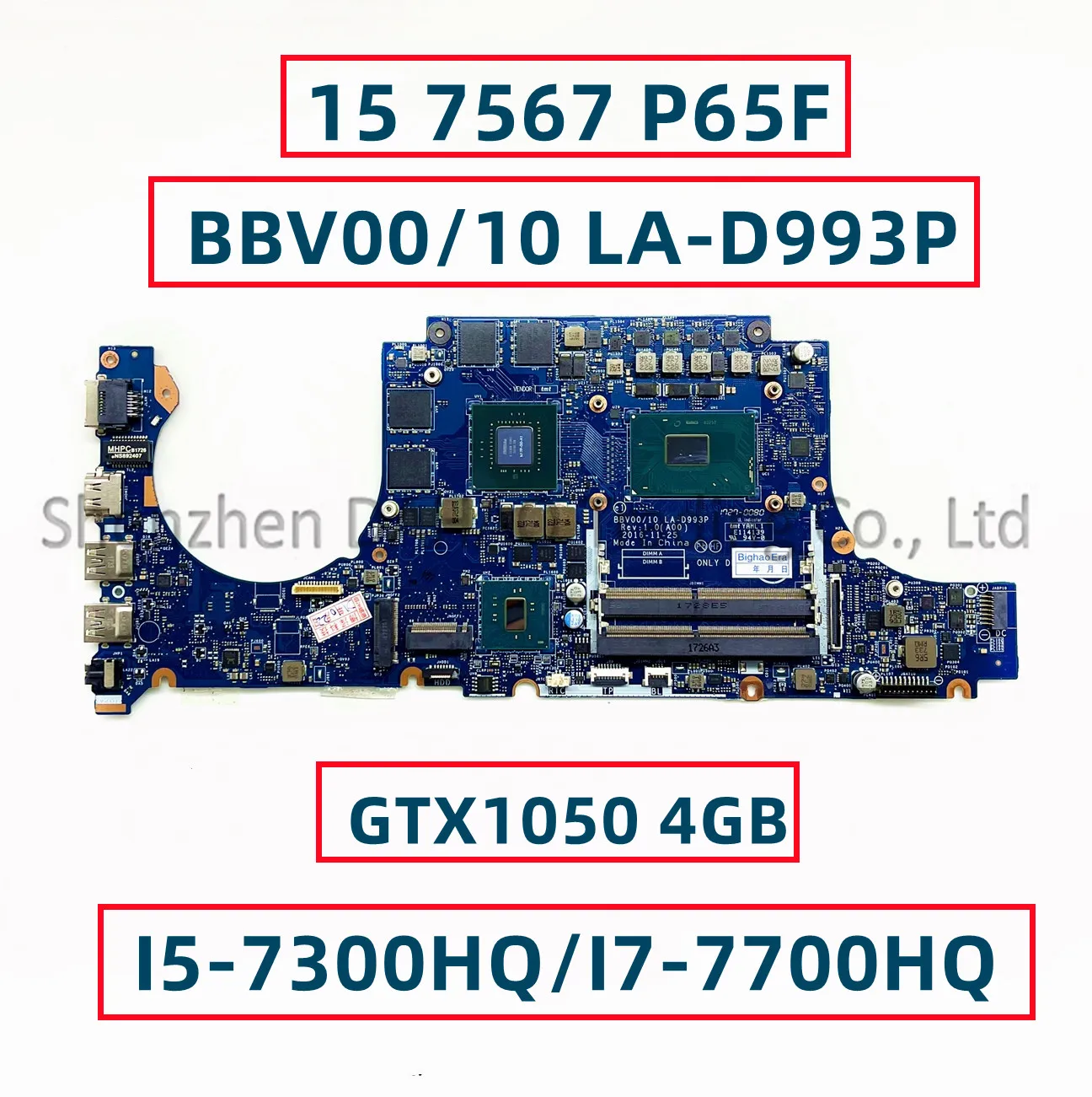 BBV00/10 LA-D993P For Dell Inspiron 15 7567 P65F Laptop Motherboard With Core I5-7300HQ I7-7700HQ CPU GTX1050T 4GB GPU CN-0P84C9