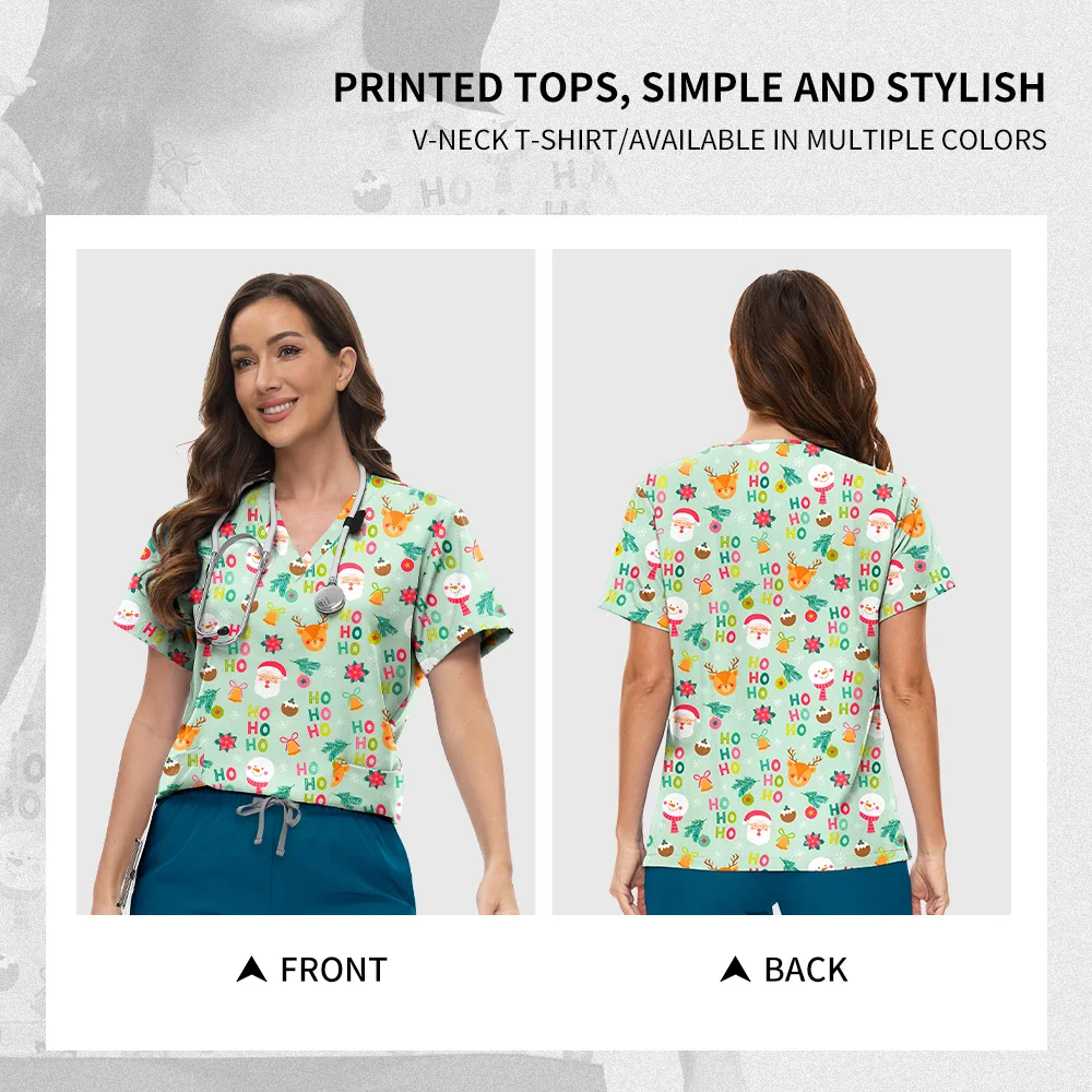 Niaahinn عيد الميلاد الدعك الجراحية القمم المرأة الصيف الكرتون نمط الخامس الرقبة الطبيب البيطري ممرضة الدعك بلوزة ممرضة ملابس النساء موحدة #4