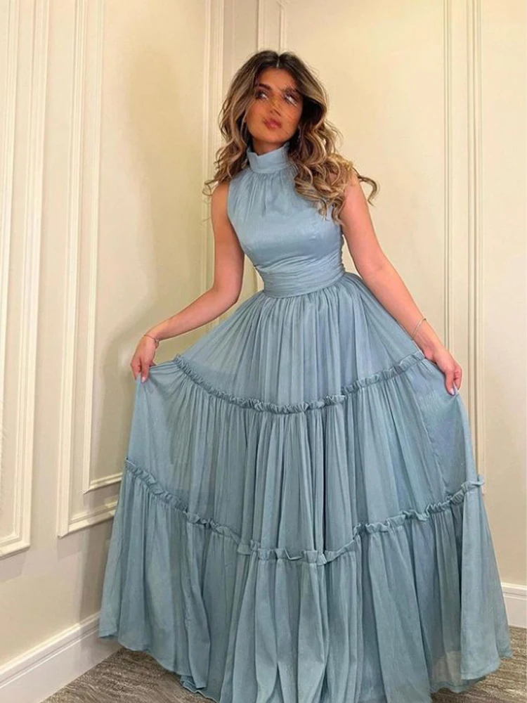 Personnalisé de haute qualité Style moderne exquis Jersey plissé froncé a-ligne col haut robes longues robes de bal mode formelle S