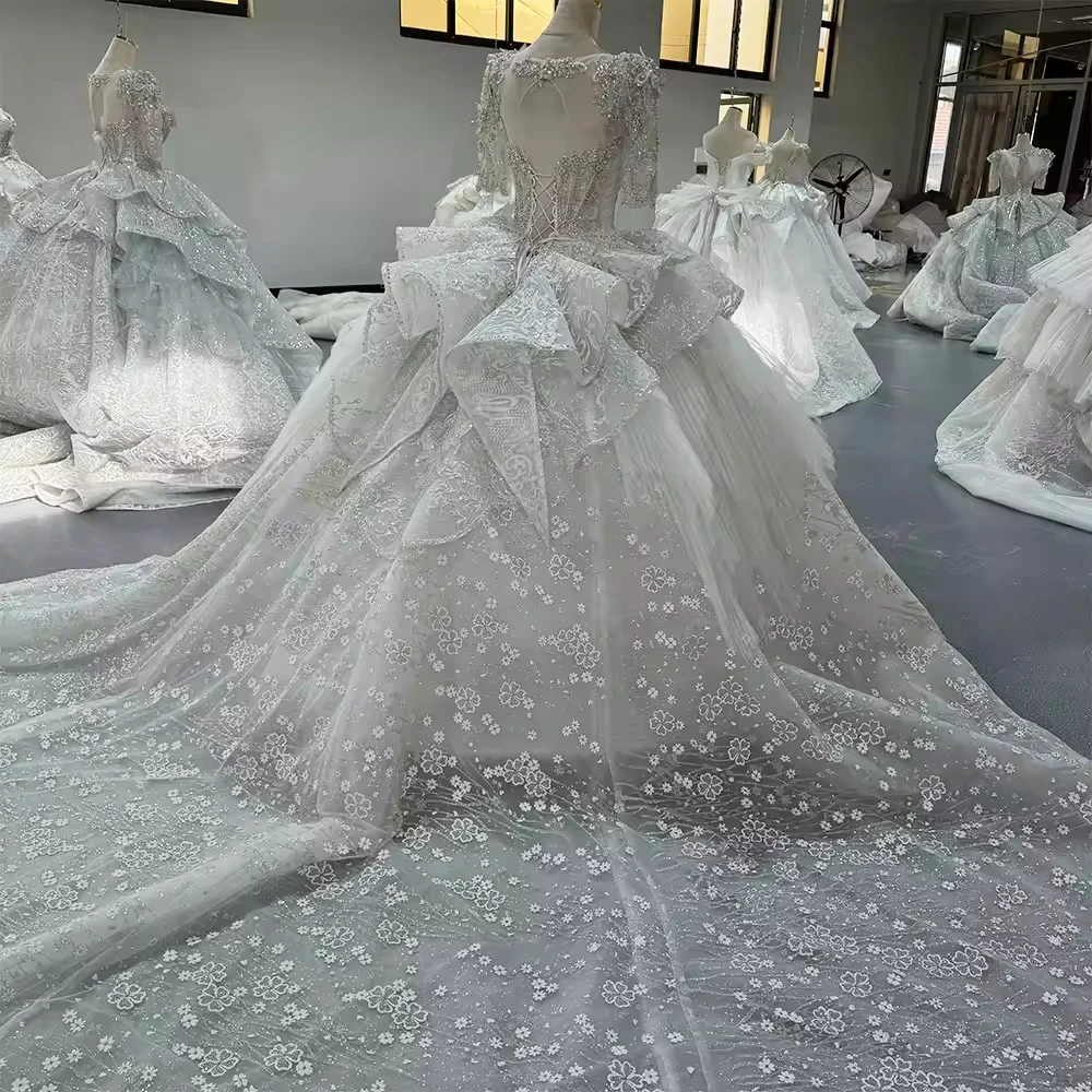 Vestido De Novias media manga cuello cuadrado rebordear Vestido De novia De cristal Vestido De baile Vestido De novia largo De encaje