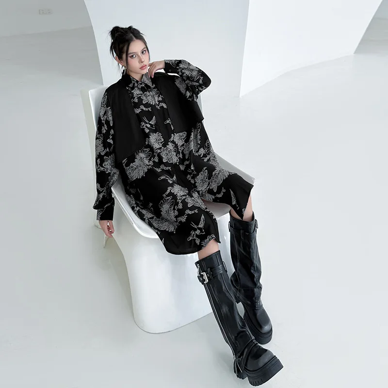 Frauen Kleider Drucken Kleid Faux Punk Gothic Drehen Unten Kragen Lange Ärmel Knielangen Lose Beiläufige Streetwear 2025, Frühling Herbst