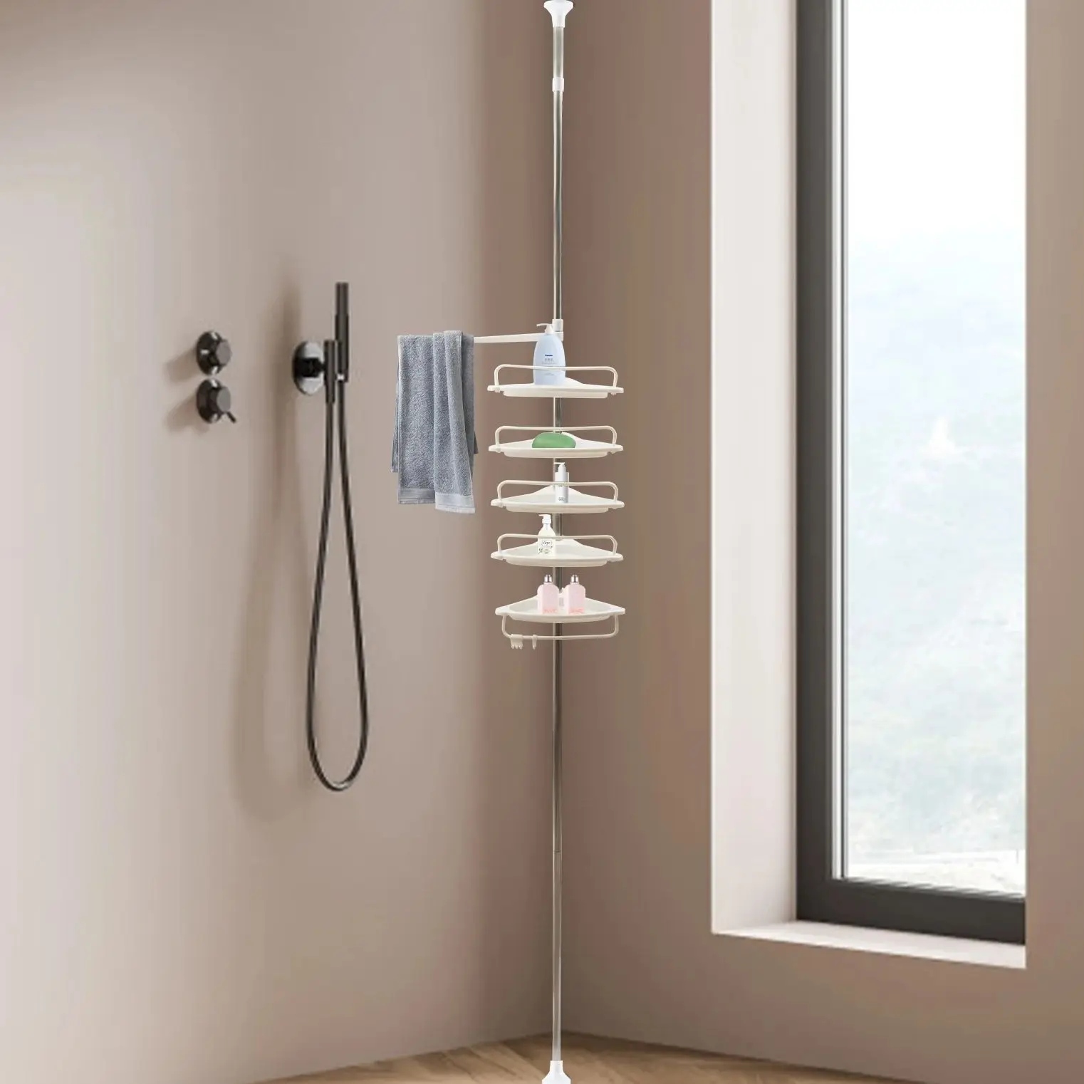 Rustproof Shower Corner for Bathroom Bathtub Storage Organizer For Shampoo Accessories 5-Tier Adjustable Shelves with Tension