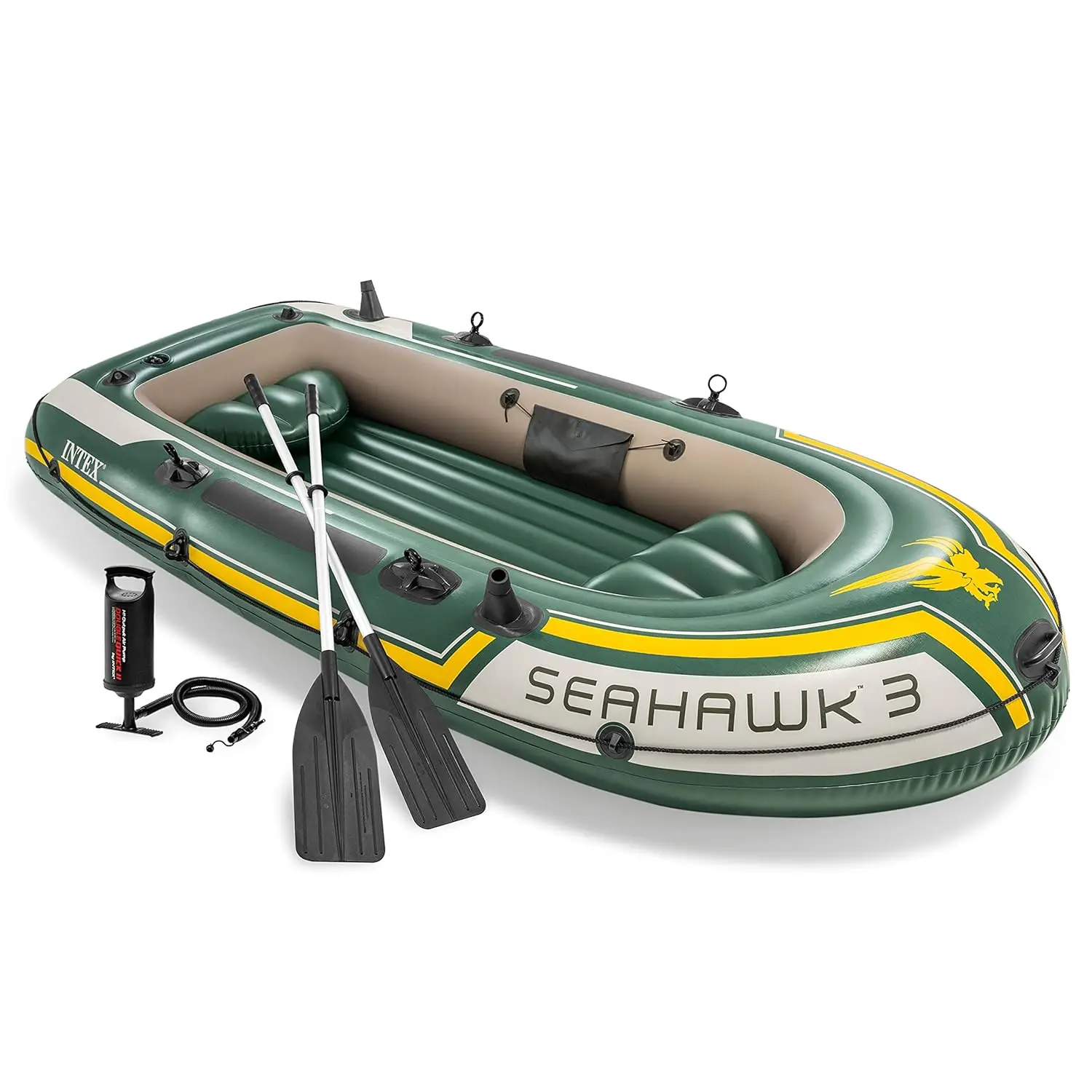 Seahawk Inflatable Boat Series: Includes Boat Oars and High-Output Pump - Fishing Rod Holders - Gear Pouch, Custom