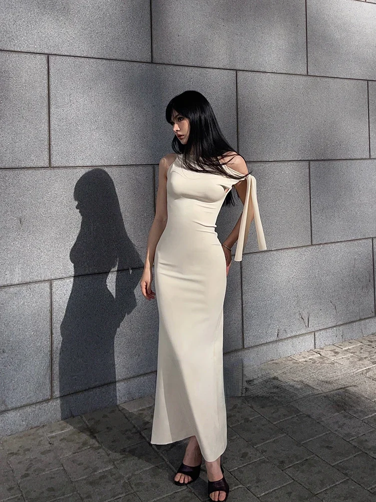 Women BODYCON  Sleeveless ONE-SHOULDER TIE RAW-CUT EDGES Sueded Stretch Knotted Maxi Dress