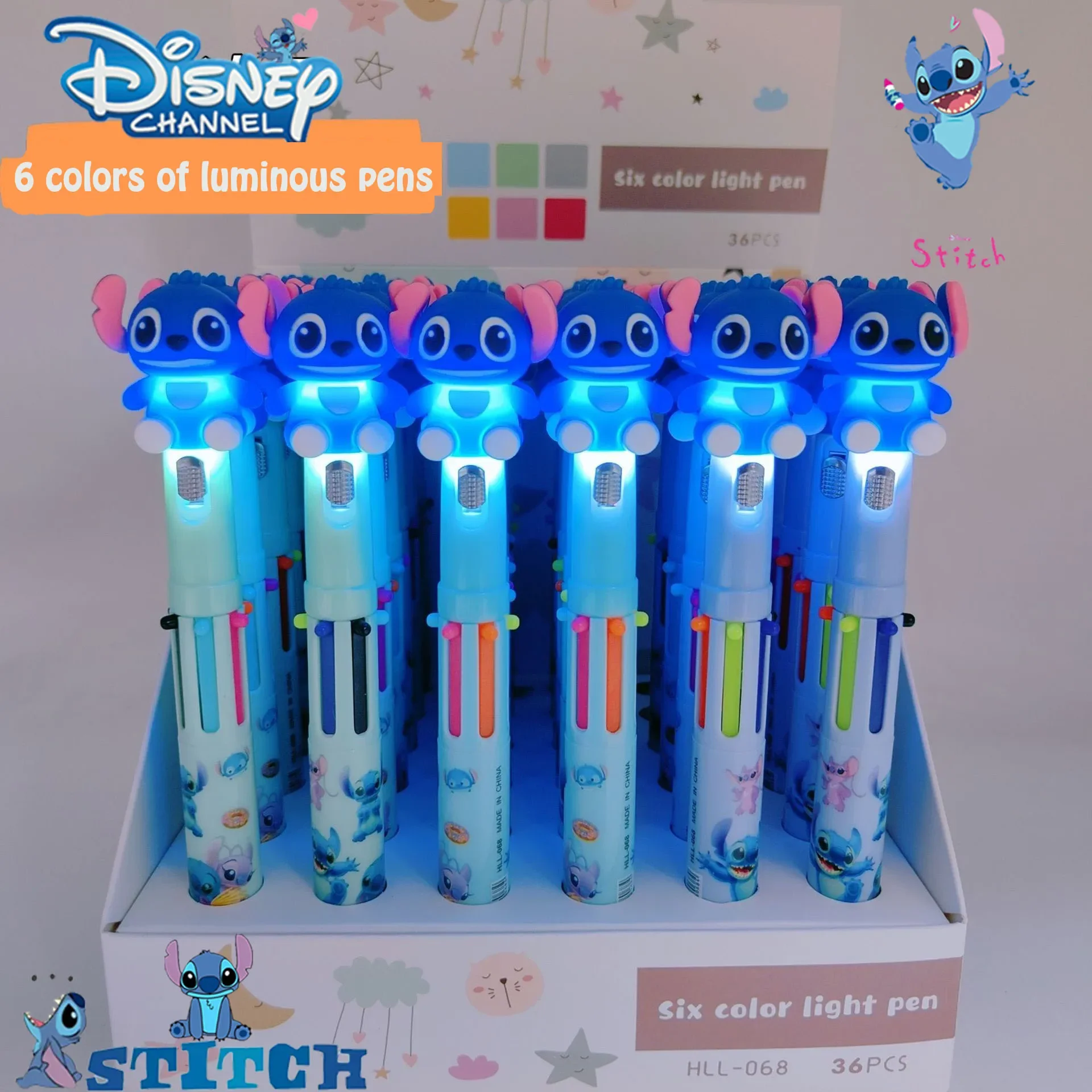 Originele Stitch Anime Figuur Lichtgevende Pen 6-kleuren Rollerball Pen Schoolbenodigdheden Kantoor Gereedschap Balpen Leuke Briefpapier Gift