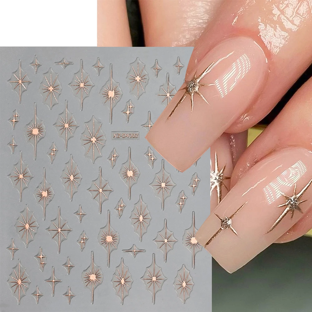 

1Pcs 3D Rose Gold Y2K Star/Moon/Sun Nail Stickers Geometric Celestial Self-Adhesive Nail Decals Bohemian Manicure Tips Sliders